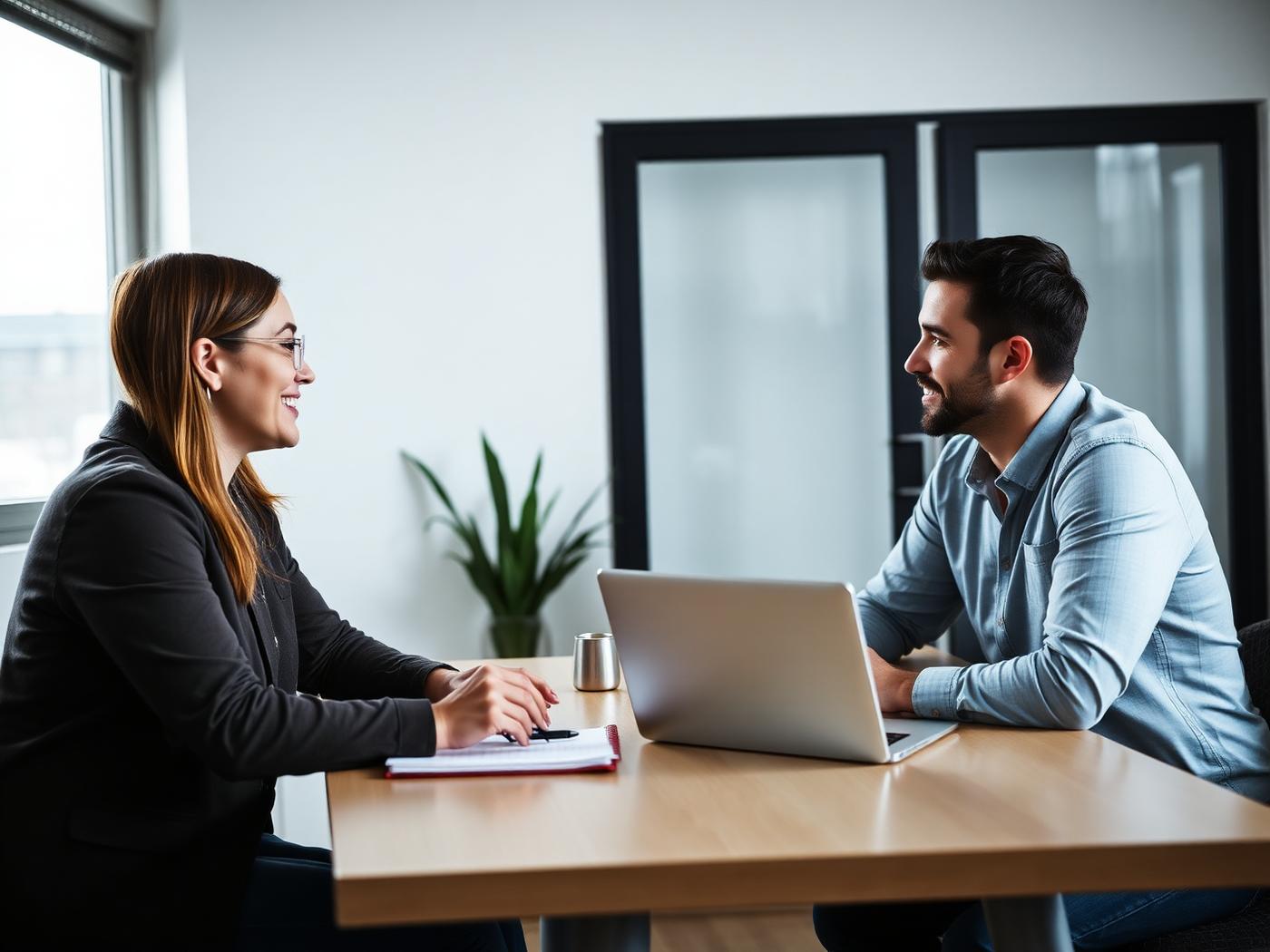 Two people talking across a table during a kickoff strategy call
