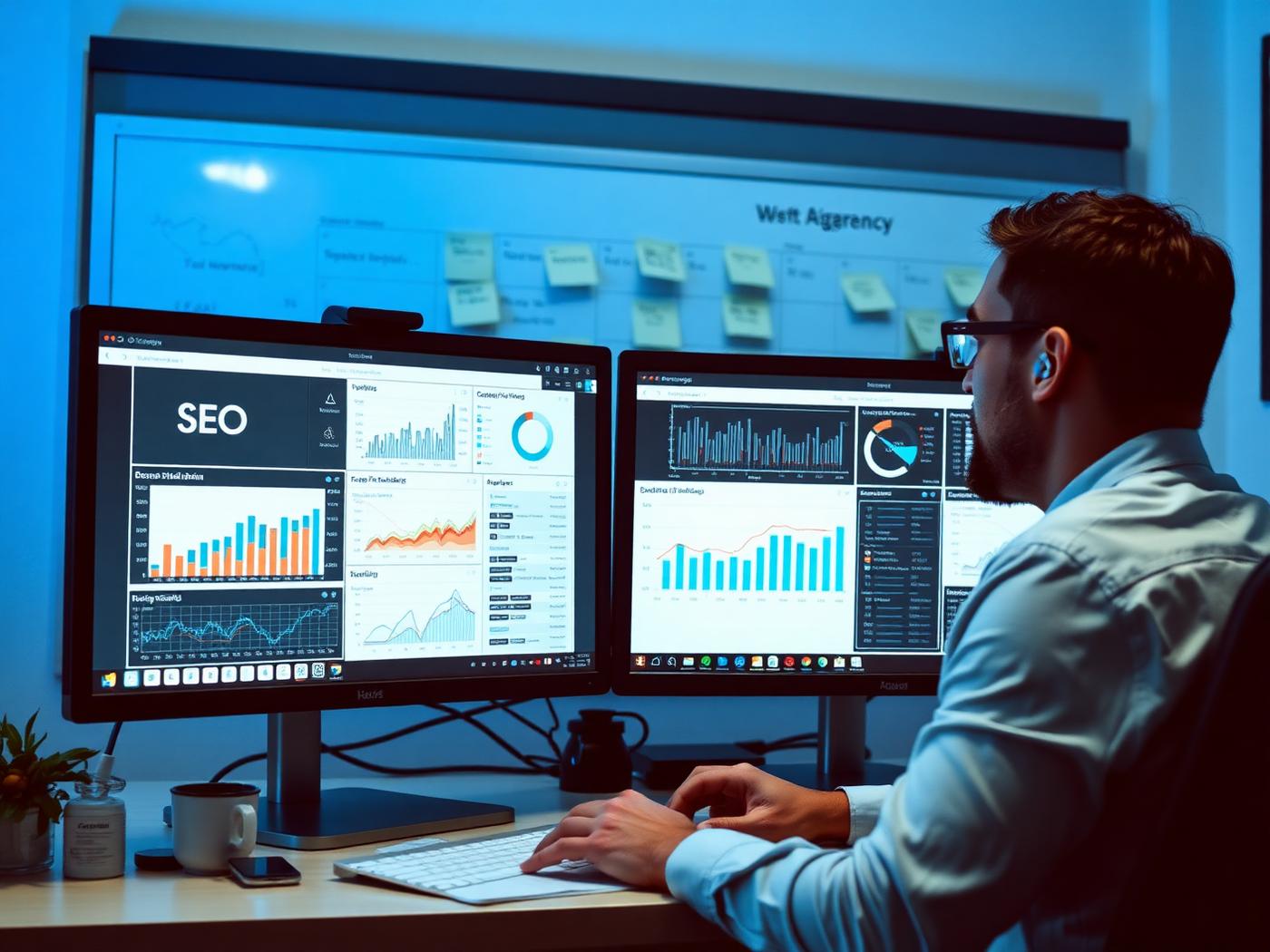 Strategist building a plan at dual monitors showing SEO dashboards